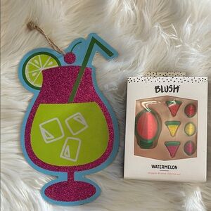New Blush Watermelon Stopper And Wine Charm Set W/ Wooden Cocktail Sign